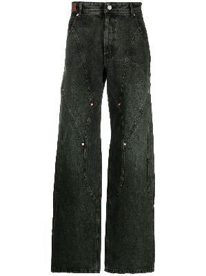 Andersson Bell - Green Panelled Cotton Straight-Leg Jeans