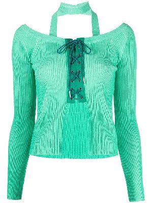 Andersson Bell - Green Lace-Up Ribbed-Knit Top