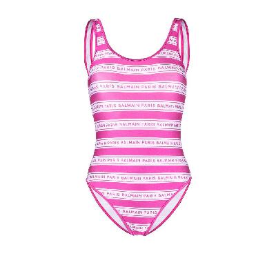 Balmain - Pink Logo Striped Swimsuit
