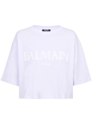 Balmain - Purple Logo Patch Cropped T-Shirt