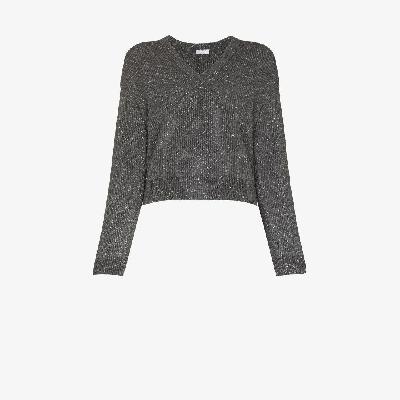 Brunello Cucinelli - Grey V-Neck Embellished Sweater