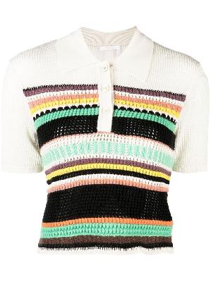 Chloé - White Striped Crochet Polo Shirt