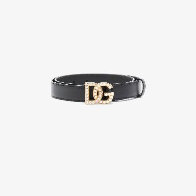 Dolce & Gabbana - Black Embellished Logo Buckle Leather Belt