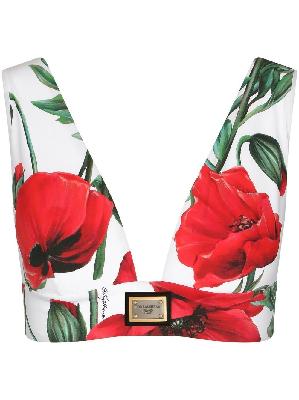 Dolce & Gabbana - White Floral Logo Plaque Cropped Top