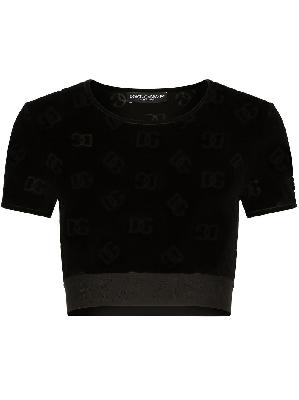 Dolce & Gabbana - Black Monogram Print Velour Crop Top