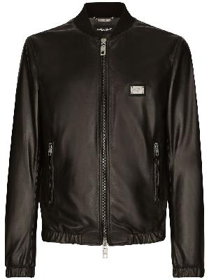 Dolce & Gabbana - Black Logo Plaque Leather Bomber Jacket