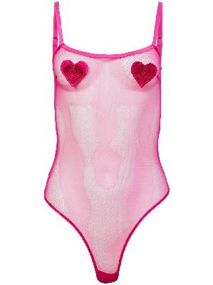 Fleur Du Mal - Ultra Pink Novelty Heart Appliquée Stretch Bodysuit