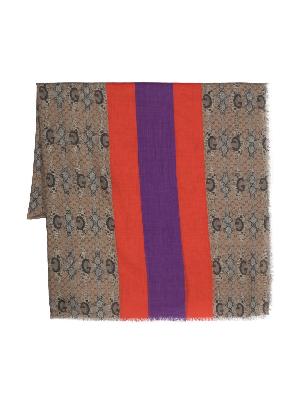 Gucci - Brown Monogram Pattern Stripe Detail Wool Scarf