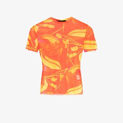 Louisa Ballou - Orange Floral Print Mesh Beach T-Shirt