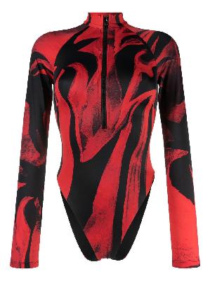 Louisa Ballou - Red Graphic Print Long Sleeve Swimsuit