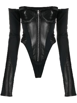 Mugler - Black Off-Shoulder Leather Bodysuit