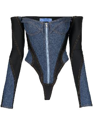 Mugler - Blue Off-The-Shoulder Denim Bodysuit
