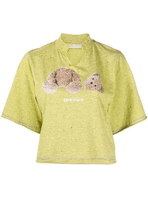 Palm Angels - Yellow Bear Print Distressed Cropped T-Shirt