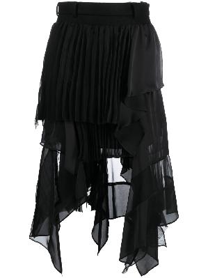 Sacai - Black Pleated Tiered Asymmetric Midi Skirt