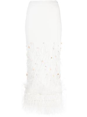 STAUD - White Makalya Feather-Trimmed Midi Skirt