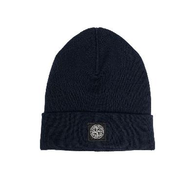 Stone Island - Blue Logo Patch Wool Beanie Hat