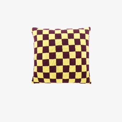 The Elder Statesman - Yellow And Burgundy Checkerboard Cashmere Cushion