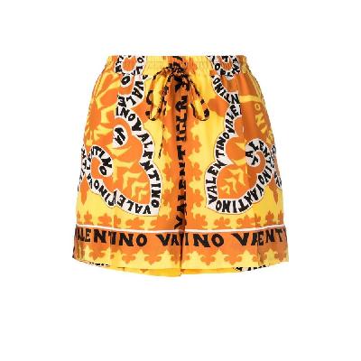 Valentino - Yellow Logo Print Silk Shorts