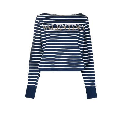 Valentino - Blue Striped Sequin Logo Long Sleeve Top