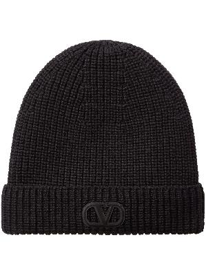 Valentino - Black VLogo Ribbed Wool Beanie Hat