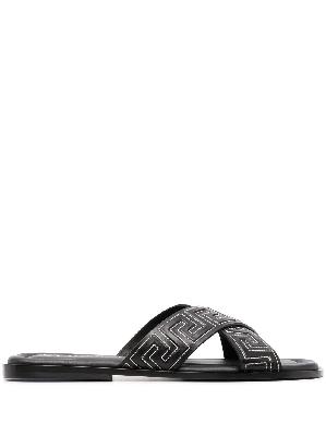 Versace - Black Greca Leather Slides