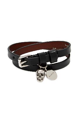 Black crocodile-effect leather wrap bracelet