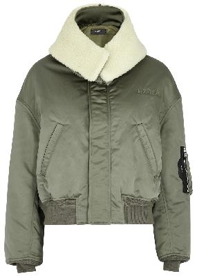 Green faux shearling-trimmed satin bomber jacket