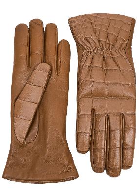 Brown crocodile-effect leather gloves