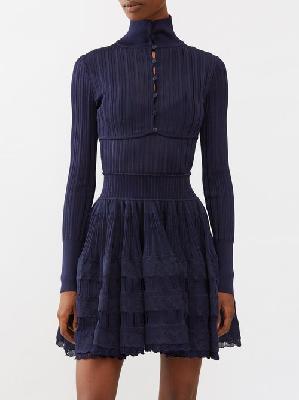 Alaïa - High-neck Ribbed-knit Crinoline Cardigan - Womens - Navy - 34 FR
