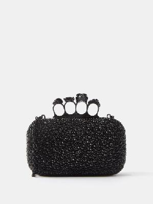 Alexander Mcqueen - Four Ring Crystal-embellished Leather Clutch - Womens - Black Silver - ONE SIZE
