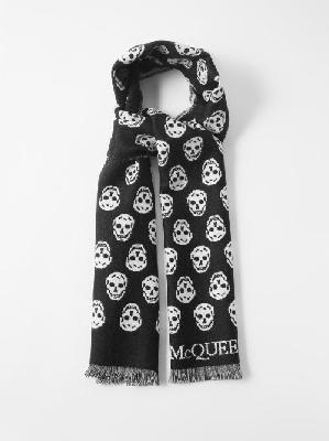 Alexander Mcqueen - Skull-jacquard Fringed Wool Scarf - Mens - Black Multi