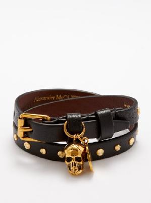 Alexander Mcqueen - Double Wrap Skull-embellished Leather Bracelet - Womens - Black Multi - ONE SIZE