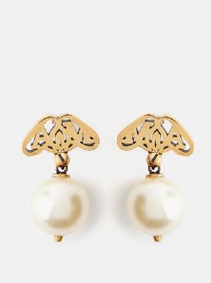 Alexander Mcqueen - Logo-cutout Faux-pearl Earrings - Womens - Brass - ONE SIZE