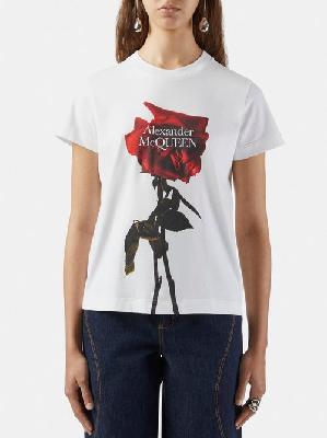 Alexander Mcqueen - Shadow Rose-print Jersey T-shirt - Womens - White Red - 36 IT