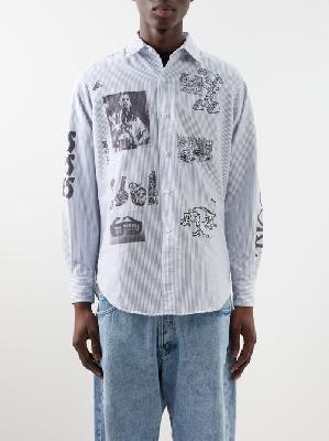 Aries - Graphic-print Striped Cotton Oxford Shirt - Mens - Blue Stripe - L