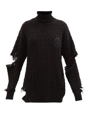 Balenciaga - Crest-logo Distressed Cable-knit Cotton Sweater - Womens - Black - 2