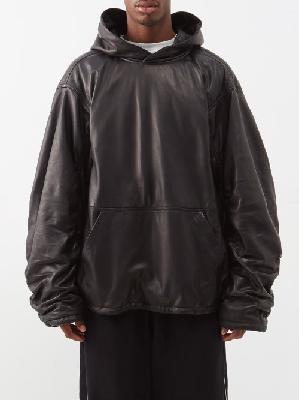 Balenciaga - Ruched-sleeve Leather Hooded Sweatshirt - Mens - Black - 1
