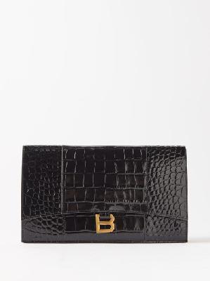 Balenciaga - Hourglass Crocodile-effect Leather Clutch Bag - Womens - Black - ONE SIZE