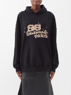 Balenciaga - Bb-logo Distressed Cotton-jersey Hoodie - Womens - Black Multi - XS
