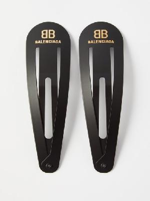 Balenciaga - Set Of Two Holli Bb-logo Steel Hair Clips - Womens - Black - ONE SIZE