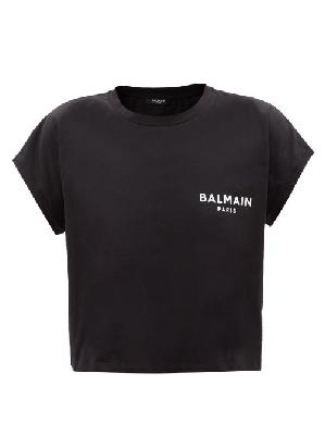 Balmain - Flocked-logo Cotton-jersey Cropped T-shirt - Womens - Black White