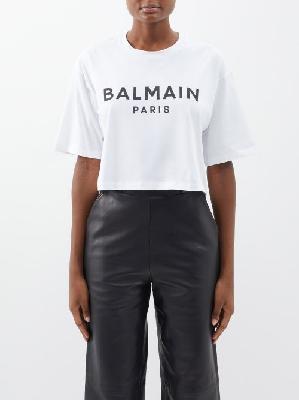 Balmain - Logo-print Cropped Organic Cotton T-shirt - Womens - White Black - M