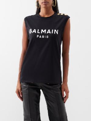 Balmain - Shoulder-button Cotton-jersey Tank Top - Womens - Black White - L