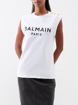 Balmain - Button-shoulder Logo-print Cotton-jersey Tank Top - Womens - White Black - M