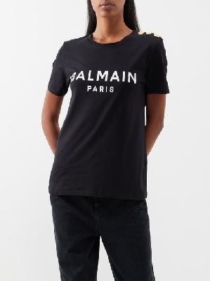 Balmain - Button-shoulder Logo-print Cotton T-shirt - Womens - Black White - S