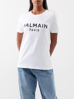 Balmain - Button-shoulder Logo-print Cotton T-shirt - Womens - White Black - L
