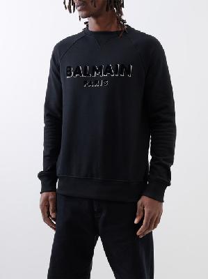 Balmain - Flocked-logo Organic-cotton Jersey Sweatshirt - Mens - Black Silver - M