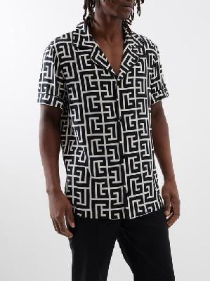 Balmain - Monogram-print Crepe Shirt - Mens - Black Multi - 40 EU