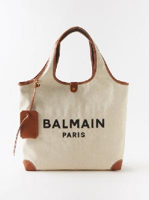 Balmain - B-army Medium Leather-trim Canvas Tote Bag - Womens - Tan White - ONE SIZE