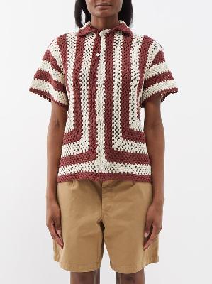 Bode - Crocheted Striped Cotton Short-sleeved Shirt - Womens - Burgundy White - L/XL
